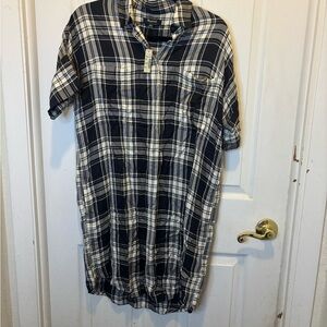Madewell Navy and Cream Plaid Midi Shirt Dress